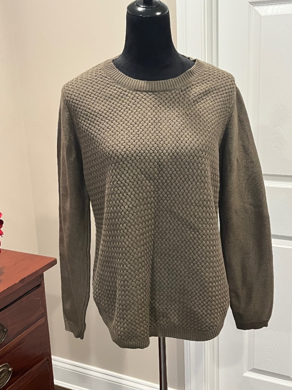 Lety & Me Olive Green Suede Accent Pullover Waffle Knit Sweater L